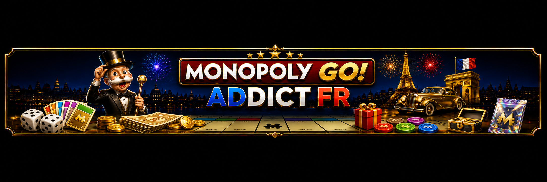 Bannière de la communauté française Monopoly GO Addict.fr avec dés, cartes et monuments